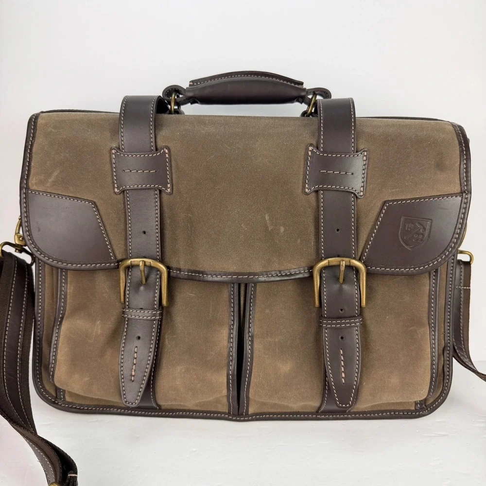 VTG Allen Edmonds Waxed Canvas Leather Trim Messenger Bag Briefcase Brown Brass